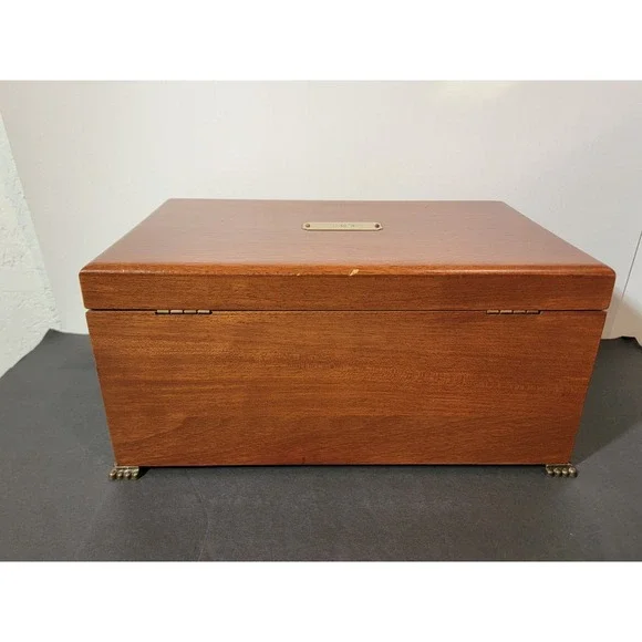 Vintage Wooden Jewelry Box Chest Organizer Yellow Felt Lined 2 Drawer Open Top - Picture 10 of 16